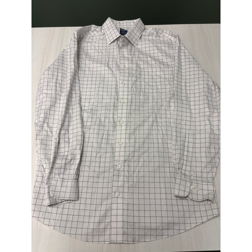 Brooks Brothers 1818 Men's 17.5 36/37 White Blue Windowpane Stretch Dress Shirt